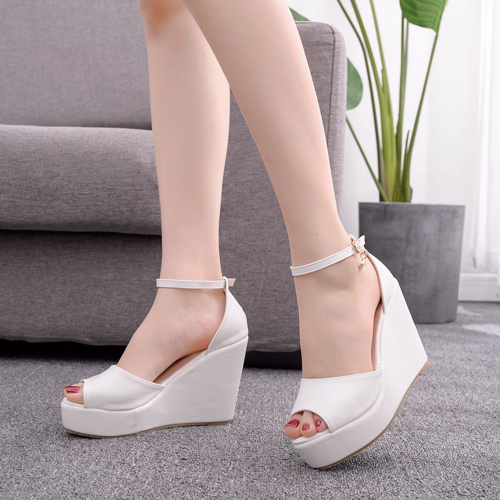 White Fish Mouth Waterproof Platform Word Wrist Strap High Heel Sandals Wedge Platform Sandals