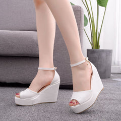 White Fish Mouth Waterproof Platform Word Wrist Strap High Heel Sandals Wedge Platform Sandals