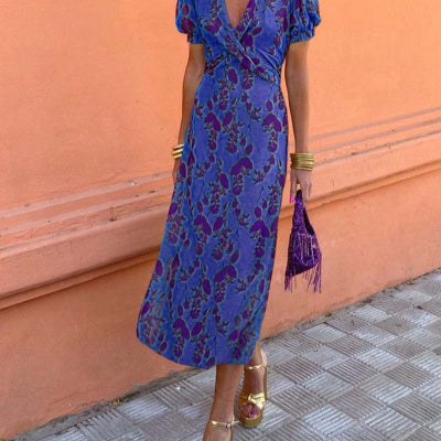 V-neck Short-sleeved Dress Flowers Printed Slim Beach Dresses For Clothing