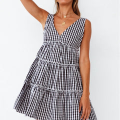 Deep V Backless Sleeveless Plaid Dress â€?& Stylish