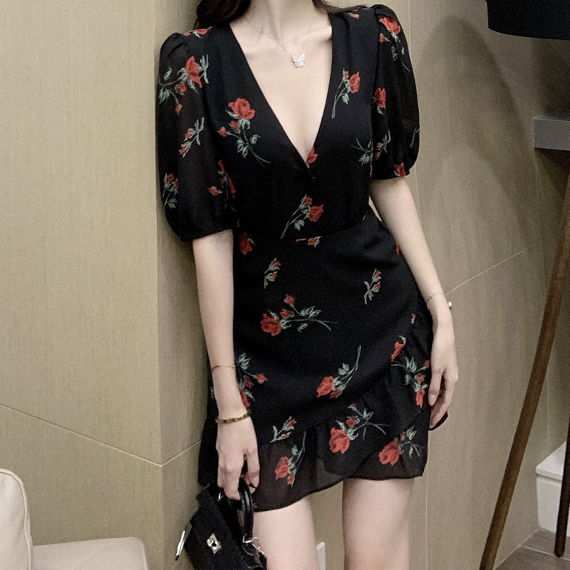 French Ruffled Floral Dress Women