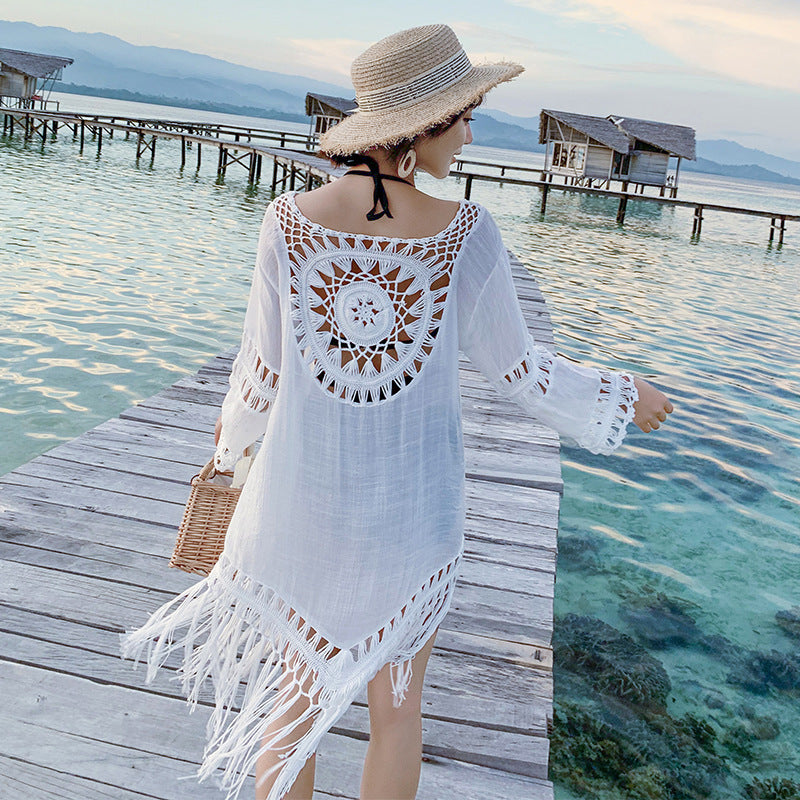 Pure Color Hollow Loose Retro Dress Women