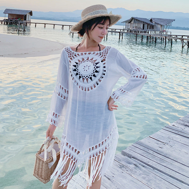 Pure Color Hollow Loose Retro Dress Women