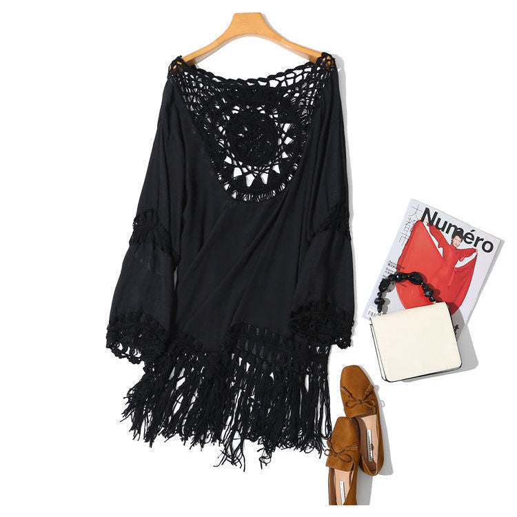 Pure Color Hollow Loose Retro Dress Women