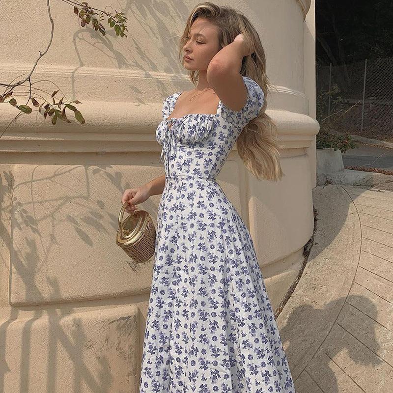 Floral Print Dress Party Long Dresses Puff Short Sleeve