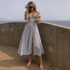 Floral Print Dress Party Long Dresses Puff Short Sleeve