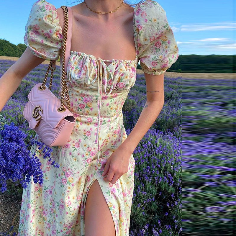 Floral Print Dress Party Long Dresses Puff Short Sleeve