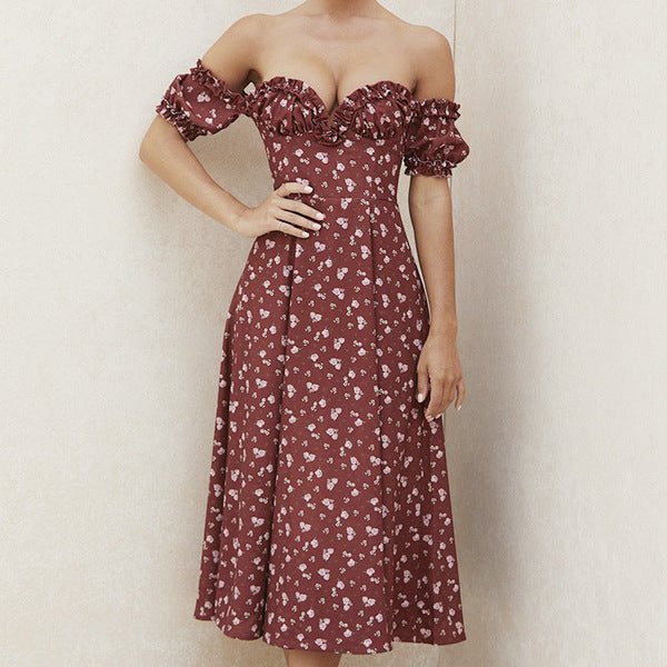 Floral Print Dress Party Long Dresses Puff Short Sleeve
