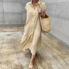 Short Sleeve Shirt Dress Long Cotton Linen Cupro Skirt