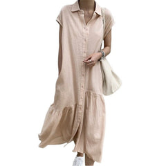 Short Sleeve Shirt Dress Long Cotton Linen Cupro Skirt