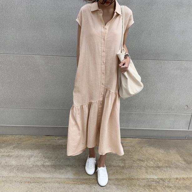 Short Sleeve Shirt Dress Long Cotton Linen Cupro Skirt