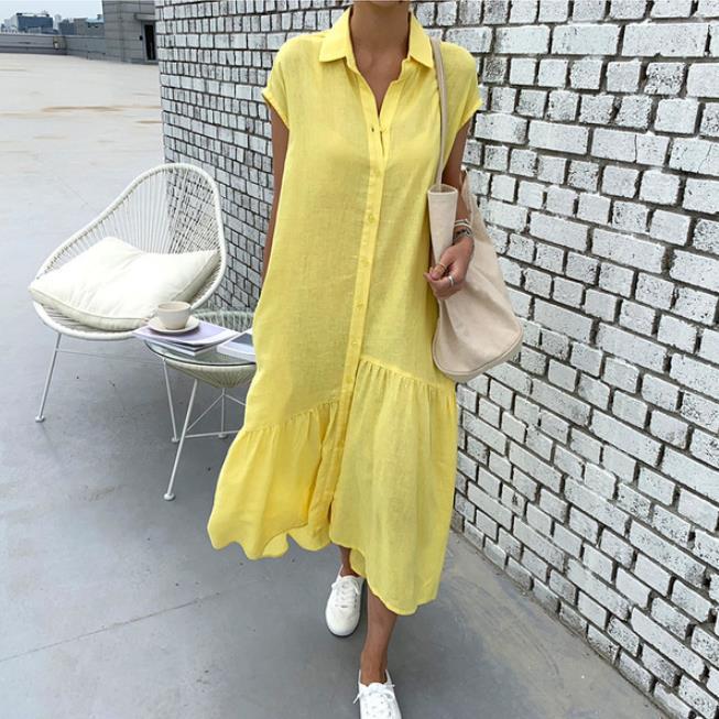 Short Sleeve Shirt Dress Long Cotton Linen Cupro Skirt