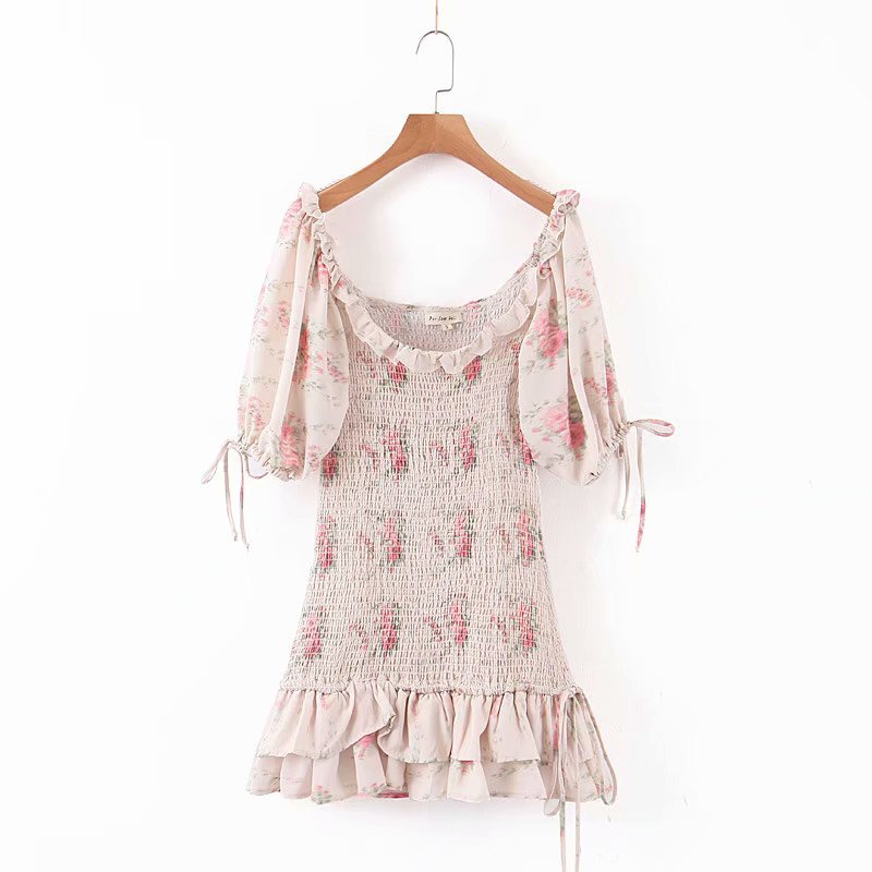 Boho Loveshackfancy Dress Beige Short Sleeve Ruffles