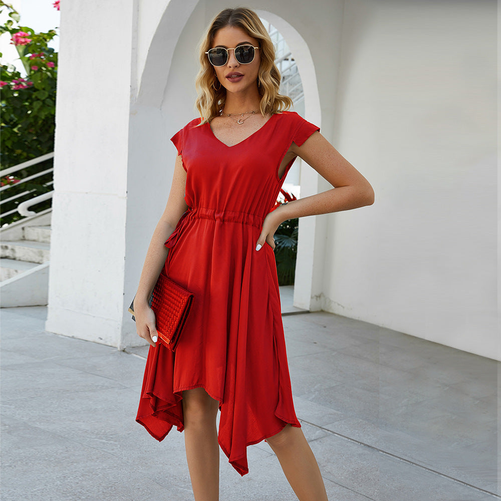 Dress Mini Dress Irregular V Neck Drawstring