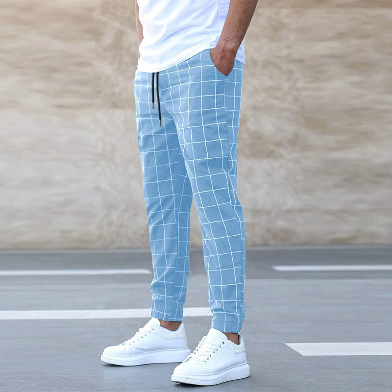 Plaid Print Pants Casual Drawstring Trousers Men's Clothing