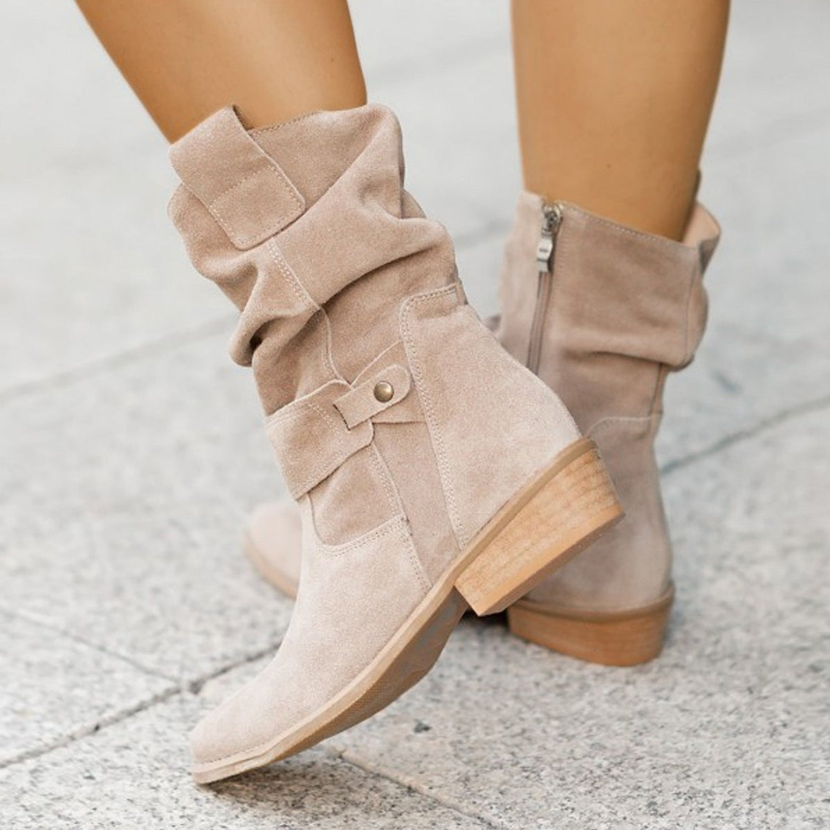 Ins Pointed Toe Mid-calf Boots Suede Zipper Western Boot Shoes For Women
