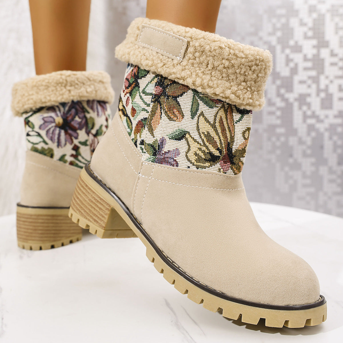 Flowers Embroidered Snow Boots Ethnic Style Platform Thick Square Heel Mid-tube Boot Warm Cotton Shoes For Women