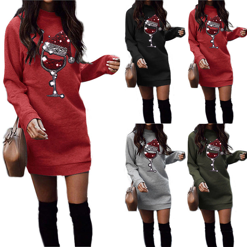 Round Neck Printed Long-sleeved Midi Skirt