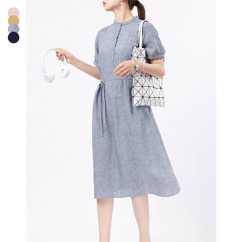 Short Sleeve Linen Dress Loose Casual Lace Up Midi Skirt