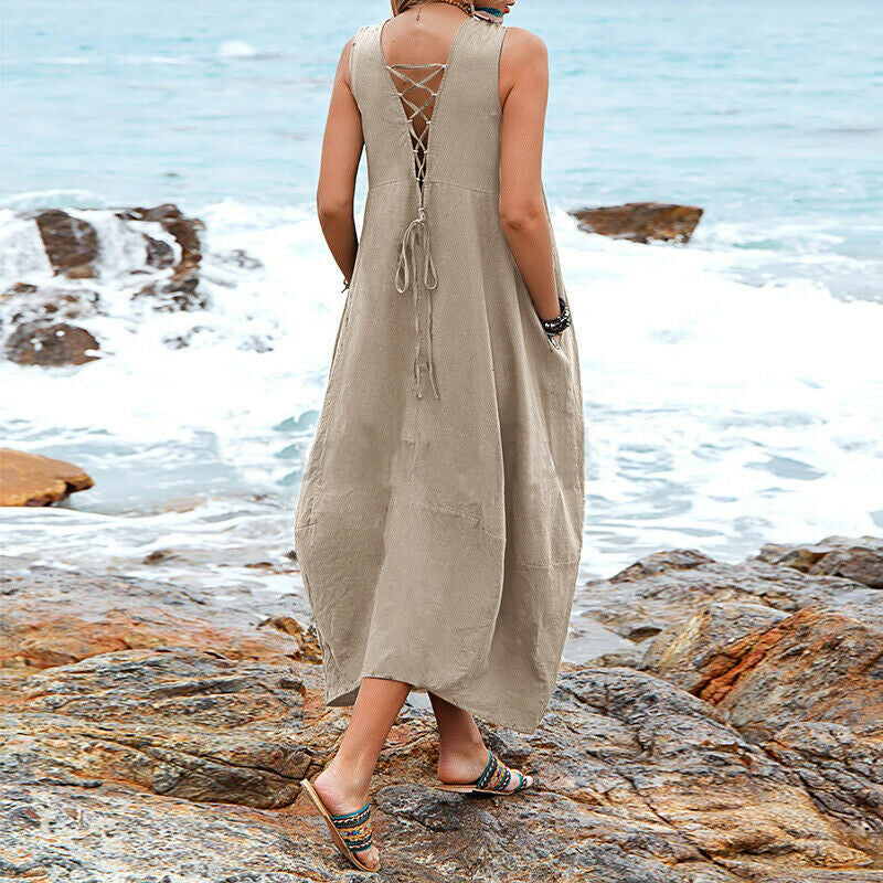 Cotton And Linen V-neck Pocket Casual Dress