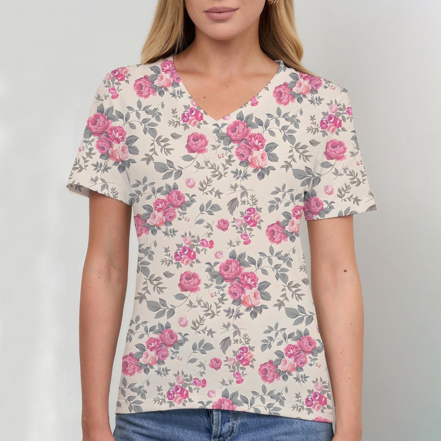 T-shirt, Natural Plant And Floral Print, Casual V-neck Short Sleeves