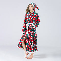 Christmas Sleepwear Fleece Hooded Bathrobe Plush Long Robe Winter