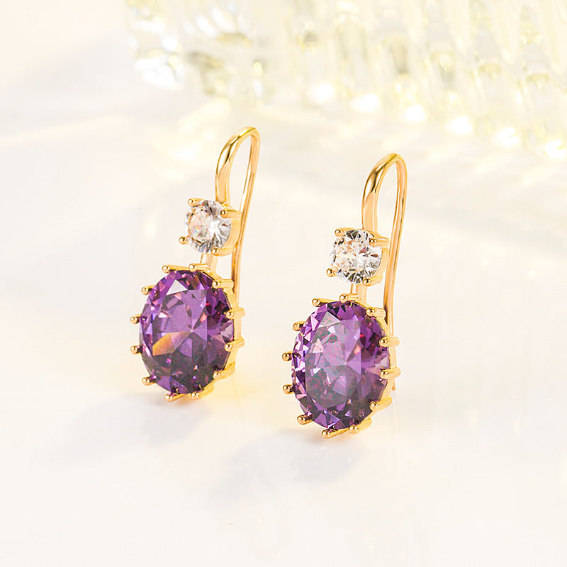 Oval Purple Diamond Zircon 18K Gold Amethyst Earrings