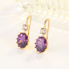 Oval Purple Diamond Zircon 18K Gold Amethyst Earrings