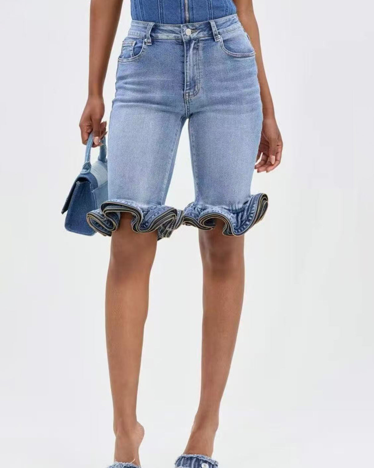 Wave Ruffle Hem Slim Denim Shorts