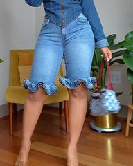 Wave Ruffle Hem Slim Denim Shorts