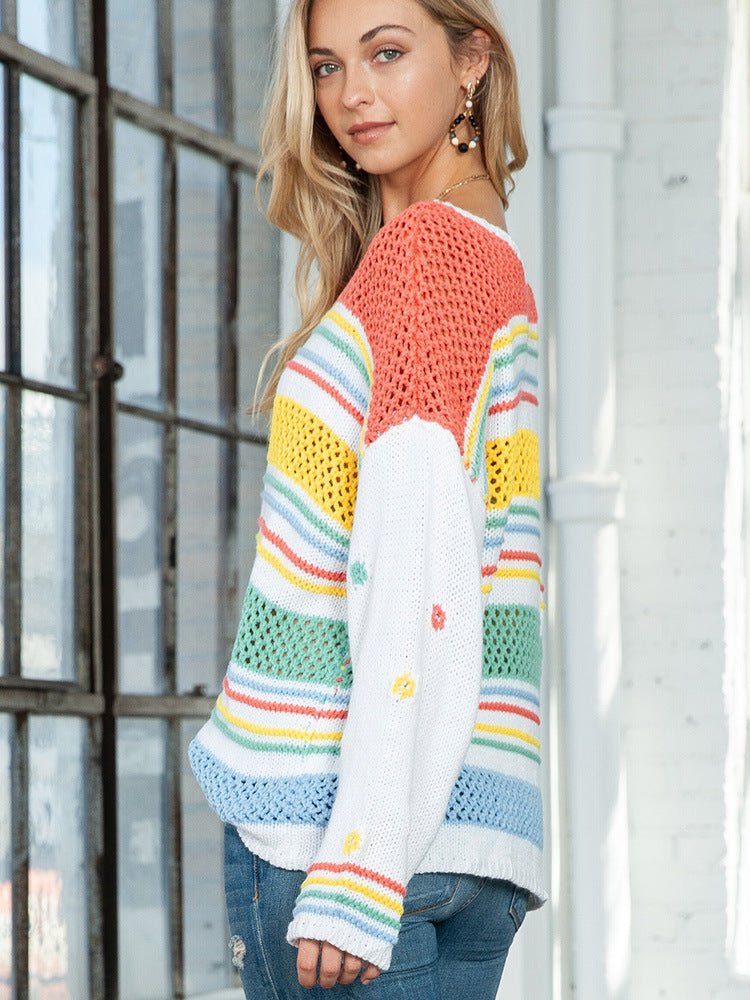 Leisure Idle Style Colorized Sweater Mixed Color Stripe Pullover Women