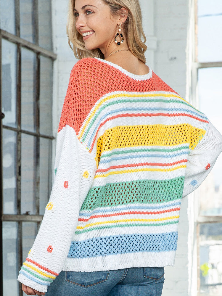 Leisure Idle Style Colorized Sweater Mixed Color Stripe Pullover Women