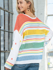 Leisure Idle Style Colorized Sweater Mixed Color Stripe Pullover Women
