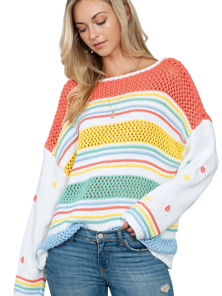 Leisure Idle Style Colorized Sweater Mixed Color Stripe Pullover Women