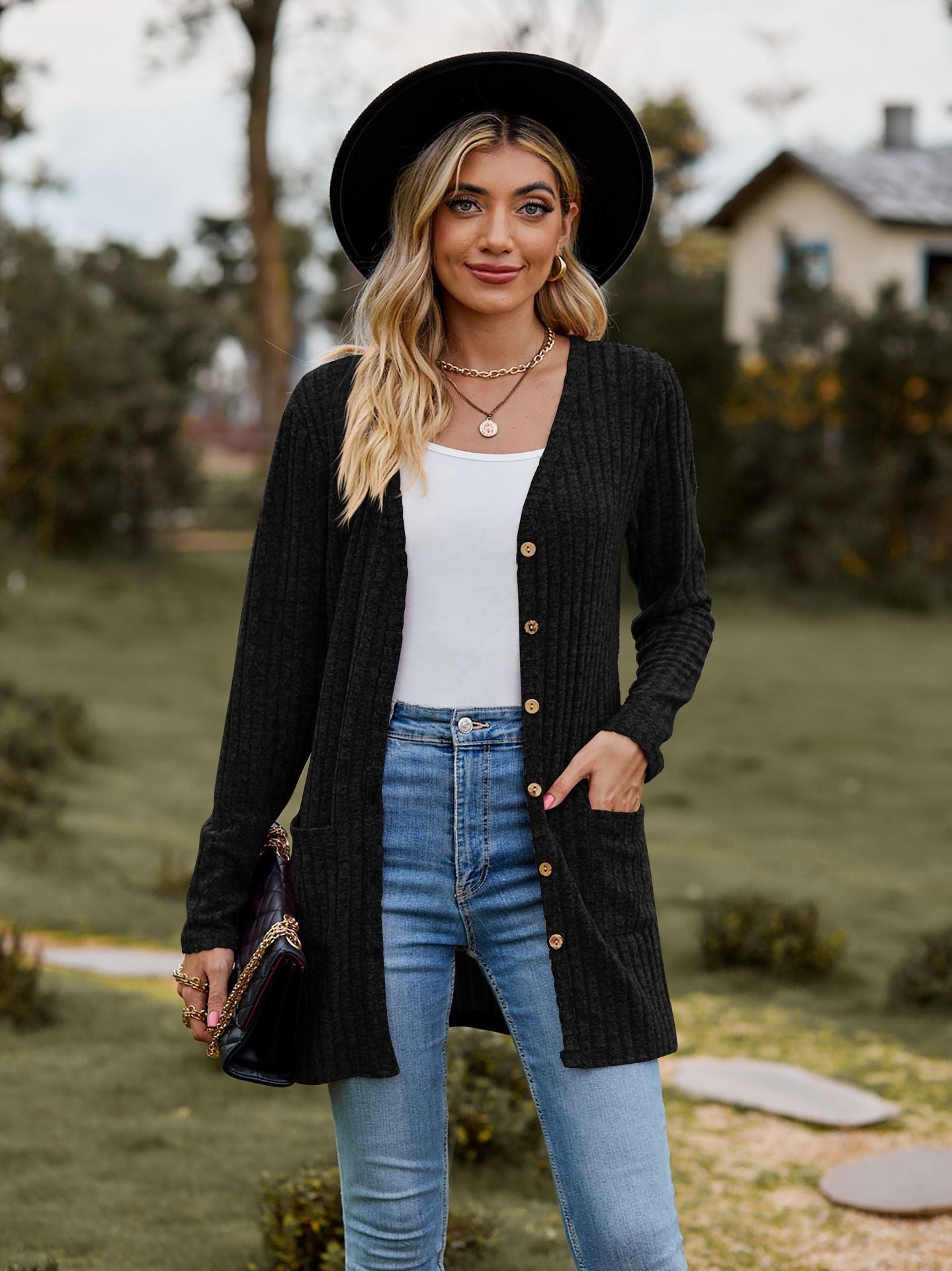 Fall Clothing Sunken Stripe Solid Color Long Sleeve Sweater
