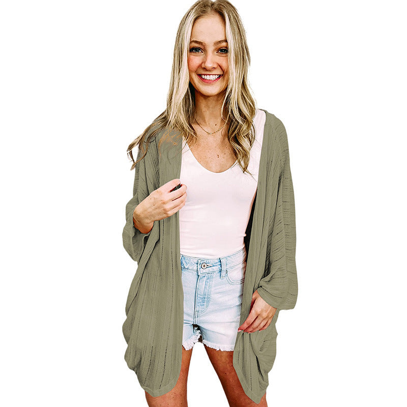 Solid Color Knitted Wool Long-sleeved Shirt Thin Casual Loose Cardigan For Women