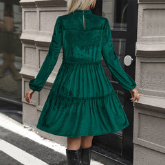 Dark Green Velvet Midi Skirt Ruffled Smocking Skirt
