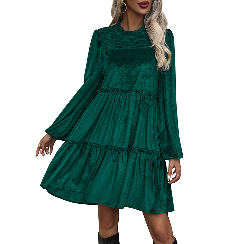 Dark Green Velvet Midi Skirt Ruffled Smocking Skirt