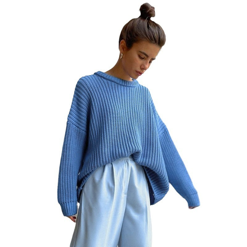 And Loose-fitting Casual Round-neck Solid Color Sweaters Coat