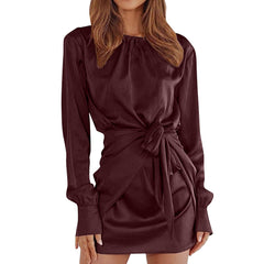 Satin Long Sleeve Round Neck Tied Elegant Cocktail Party Dress