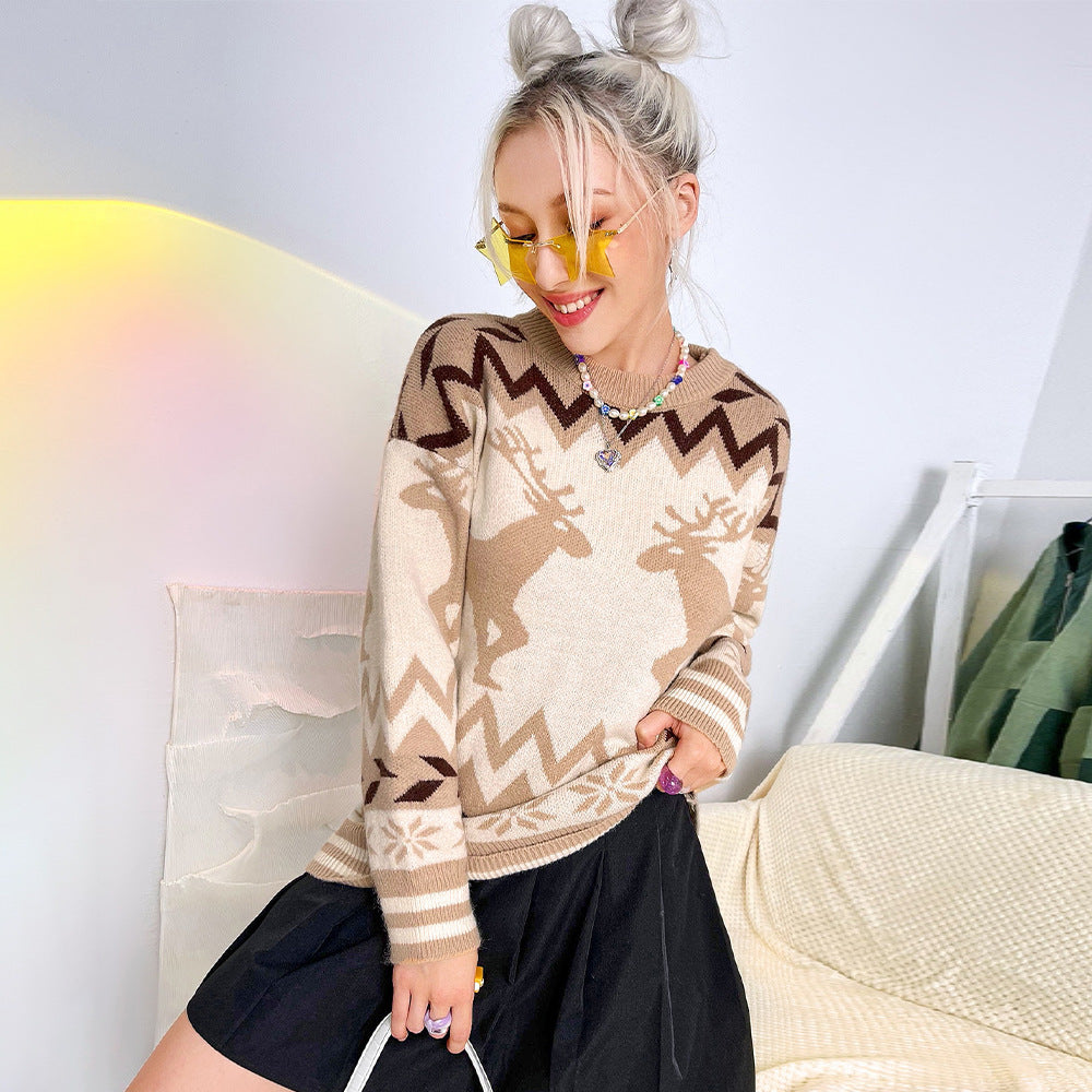 Round Neck Pullover Elk Christmas Style Knitted Sweater Women