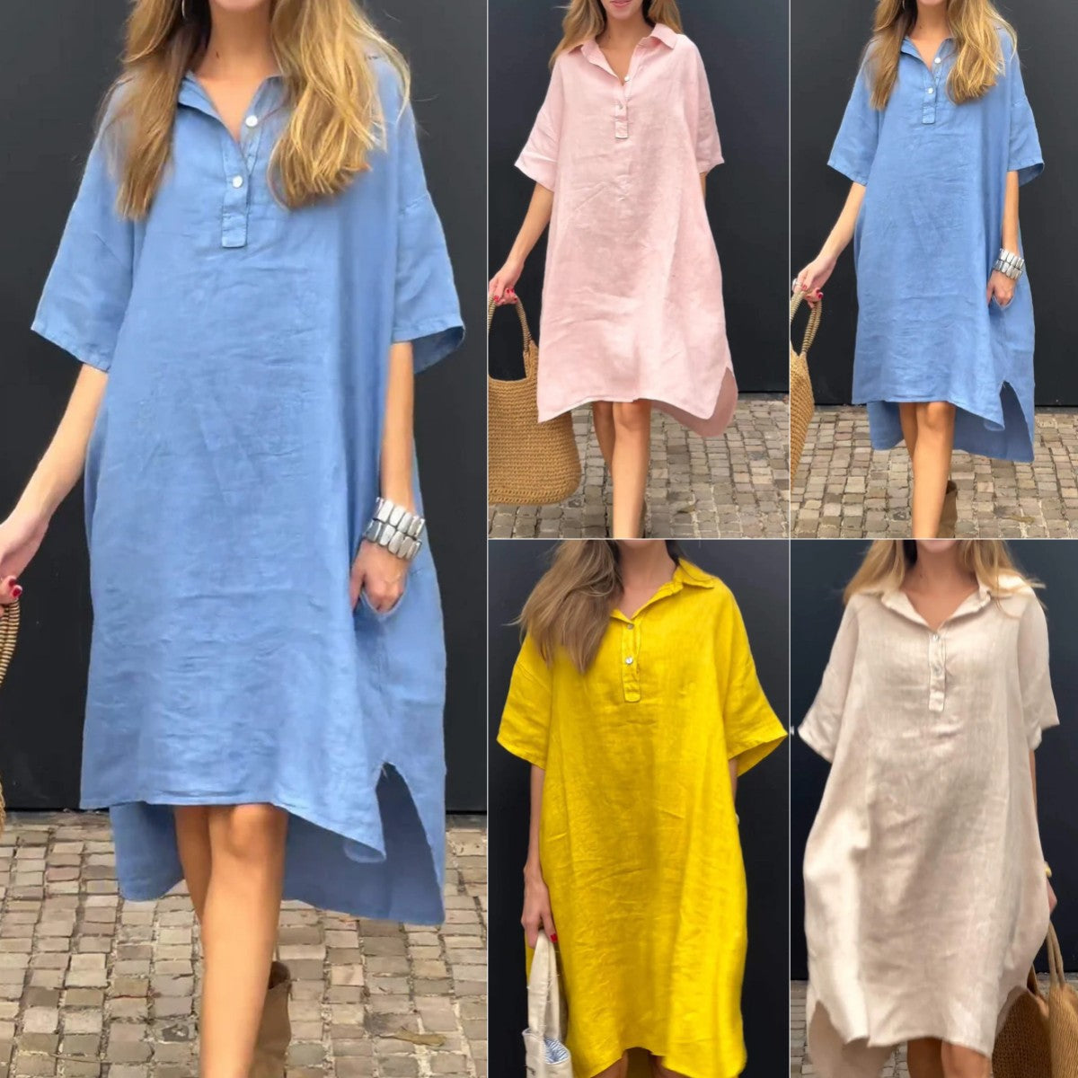 Solid-color Casual Cotton-linen Long Dress With A Turn-down Collar And Buttons