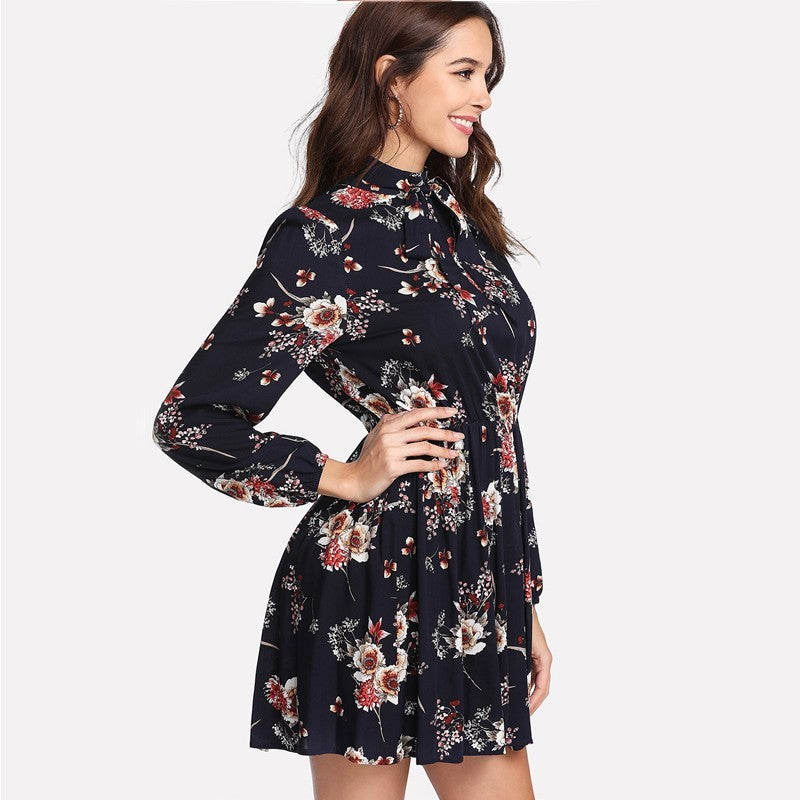Floral A-Line Dress â€?Elegant Multicolor Long Sleeve High-Waist Tie Neck Dress