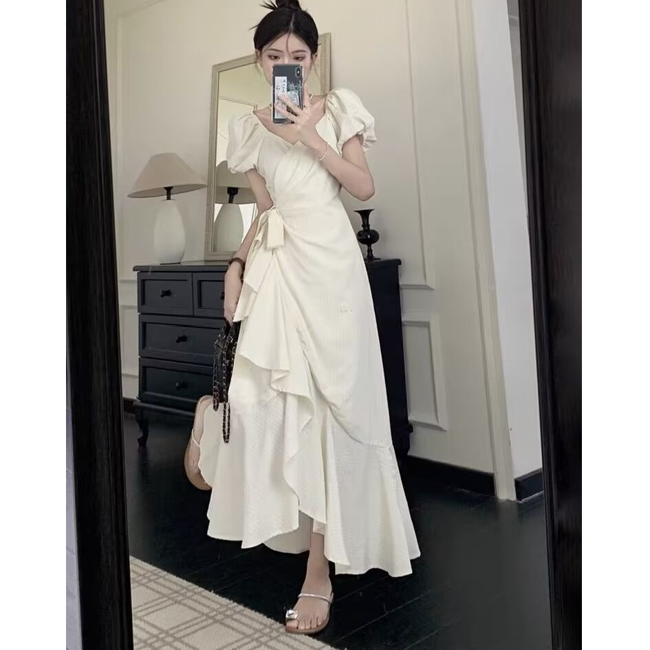 White V Neck Lace Up Short Sleeve Dress