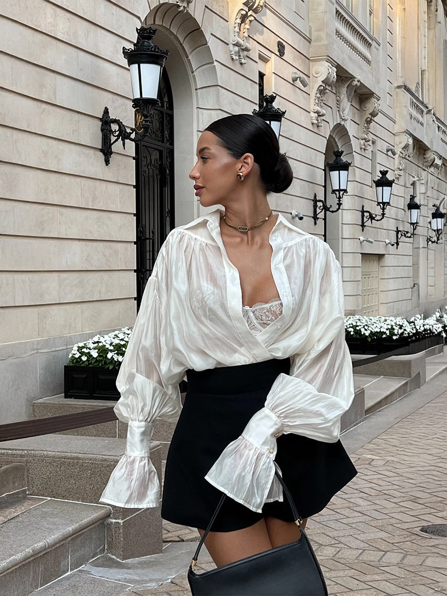 Ins French Lantern Sleeve Shirt Button Lapel Long Sleeved Tops Casual Clothing