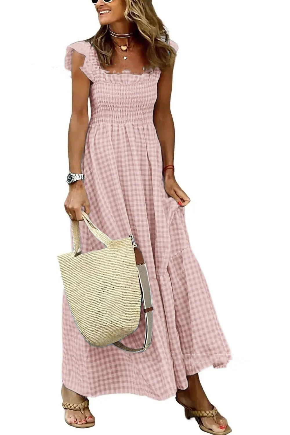 Plaid Print Pleated Ruffle Dress INS Sleeveless A-line Swing Beach Dress Clothing