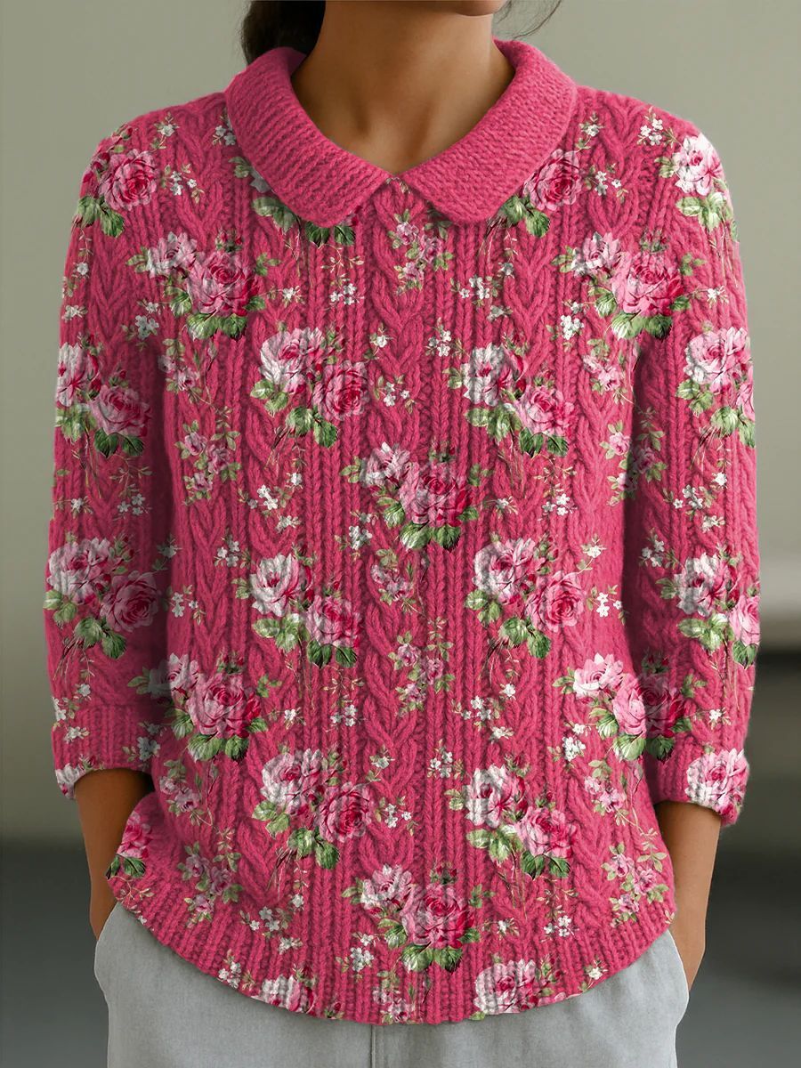 And Doll Collar Knitted Jacquard Fabric French Retro Printed Top