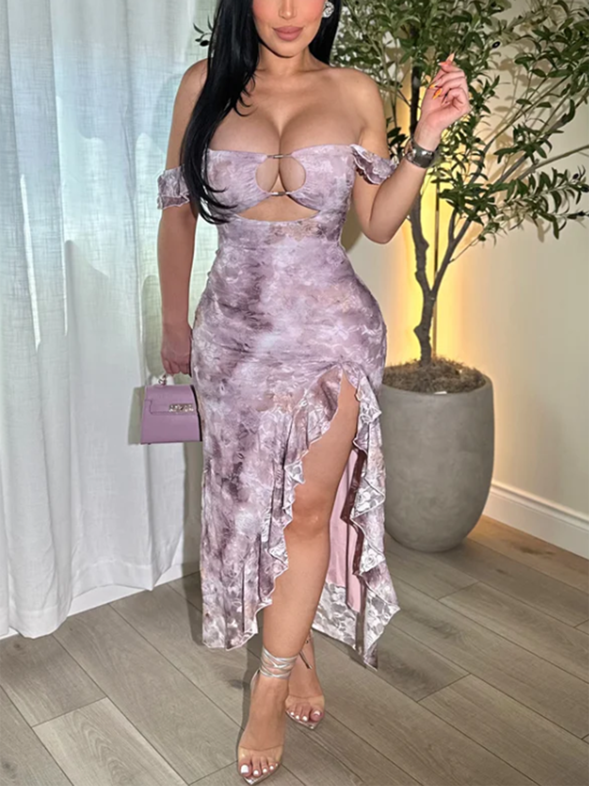 Elegant Style Beveled Lotus Leaf Lace Chest Hollow Design Gentle Dress Long Skirt