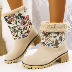 Flowers Embroidered Snow Boots Ethnic Style Platform Thick Square Heel Mid-tube Boot Warm Cotton Shoes For Women