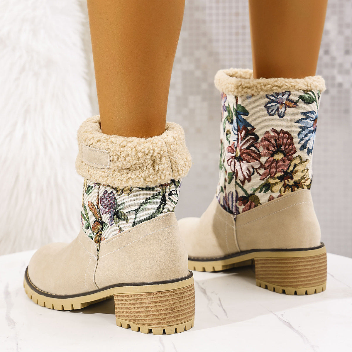 Flowers Embroidered Snow Boots Ethnic Style Platform Thick Square Heel Mid-tube Boot Warm Cotton Shoes For Women